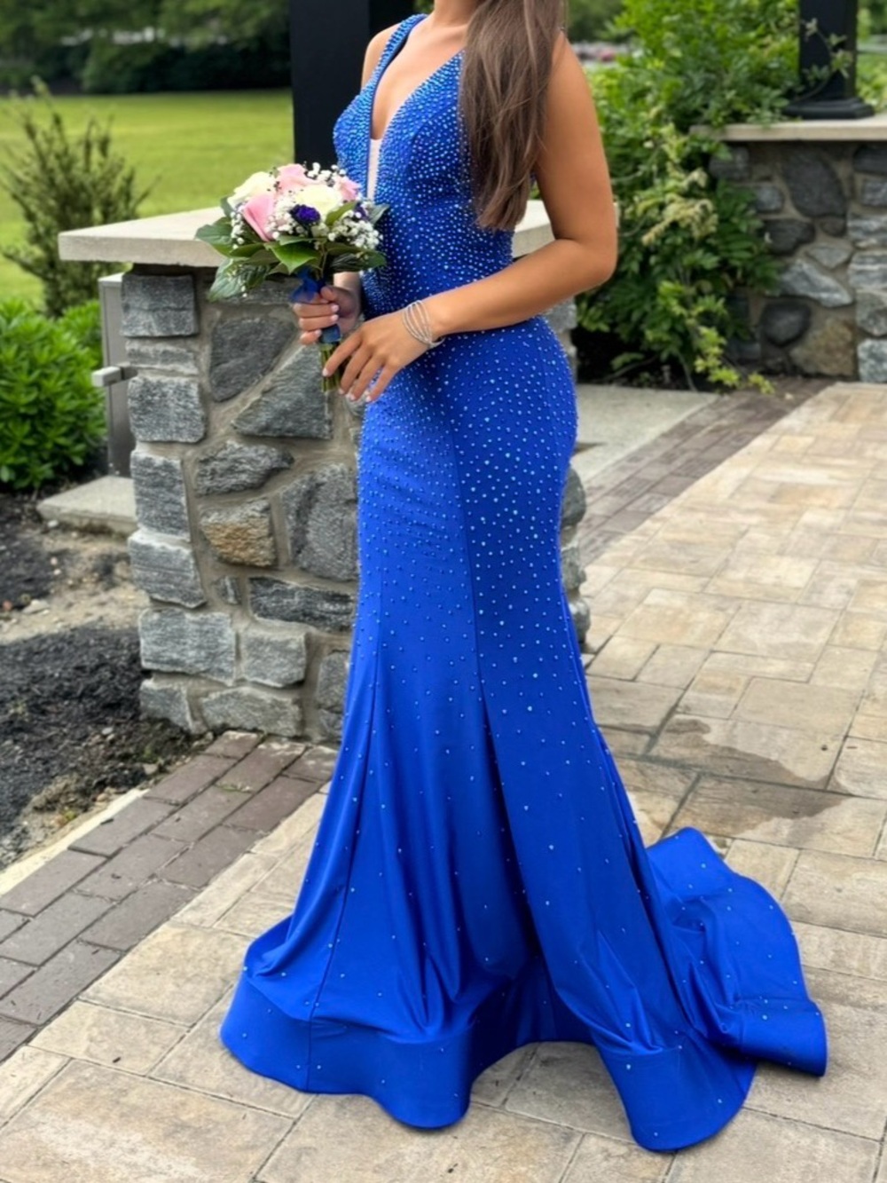 Johnathan Kayne Cobalt Blue Beaded V-Neck Prom Gown